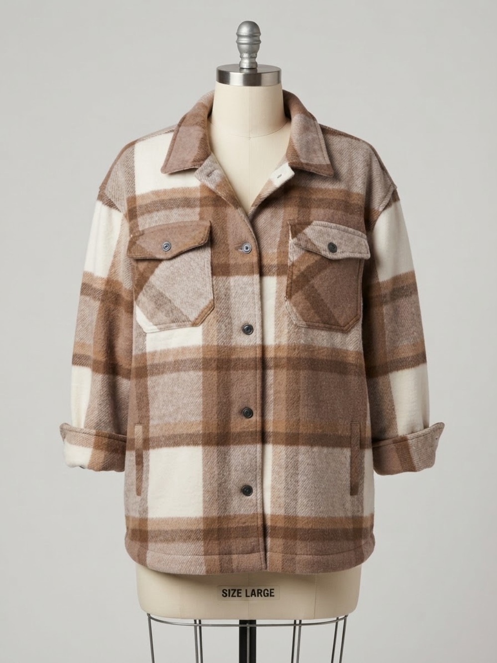 Stoosh Brown & Cream Plaid Shacket Jacket